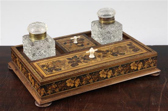 A Tunbridge ware rosewood floral mosaic and perspective cube inkstand, 10.5in.